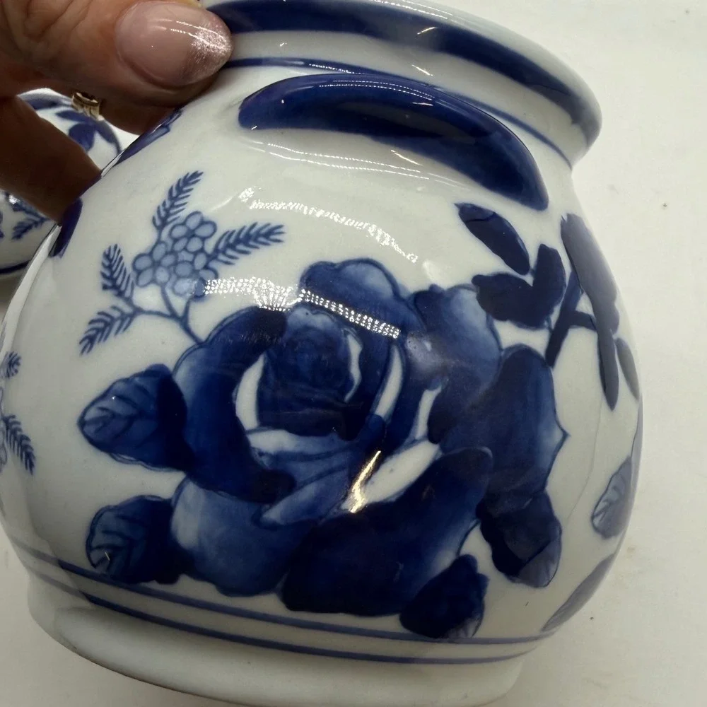 Vintage Blue and White Porcelain Ginger Jar Lidded Rose Butterfly Chinoiserie